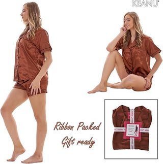 Keanu Ladies Satin Short Pyjamas - Brown Design