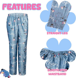 Disney Ladies Satin Pyjamas - Eeyore Design - Long Sleeve Top & Straight Leg Bottoms