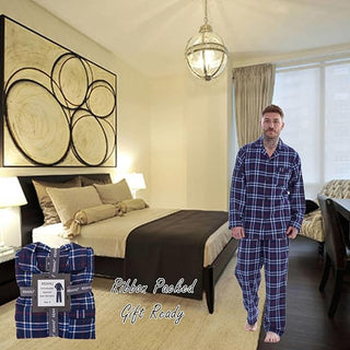 Keanu Mens Brushed Pyjamas Set - Blue/Red Check Design - 100% Cotton