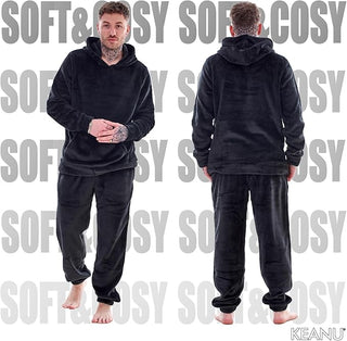 Keanu Mens Hooded Fleece Pyjamas - Black Design - Pullover
