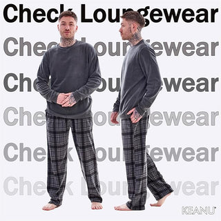 Keanu Mens Microfleece Pyjamas - Charcoal Check Design - Pullover