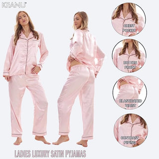 Keanu Ladies Satin Long Pyjamas - Pink Design