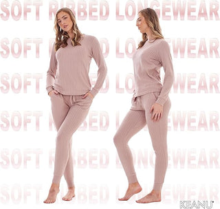 Keanu Ladies Ribbed Pyjamas - Taupe Design