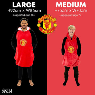 Manchester United FC Hugzee Oversized Wearable Hooded Fleece Super Warm and Cosy Premium Sherpa Lined, Design Perfect For Teens, Women and Men, One Size Suggested Height 110cm+, Red