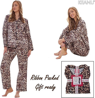 Keanu Ladies Satin Long Pyjamas - Leopard Print Design