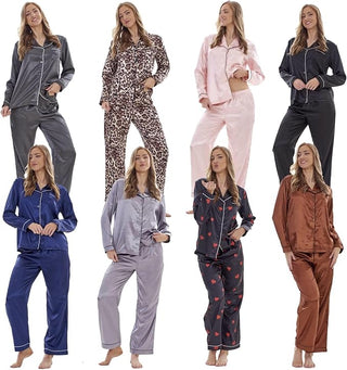 Keanu Ladies Satin Long Pyjamas - Black Hearts Design