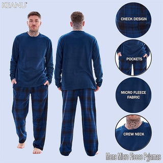 Keanu Mens Microfleece Pyjamas - Navy Check Design - Pullover