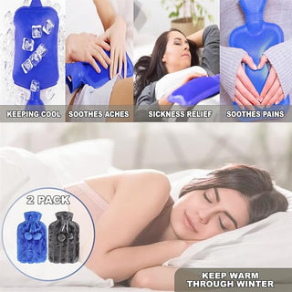 K Collection 2 x Hot Water Bottles With Removable Cover - 2L Capacity - Grey and Blue Design