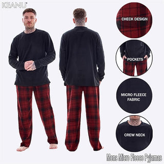 Keanu Mens Microfleece Pyjamas - Burgundy Check Design - Pullover