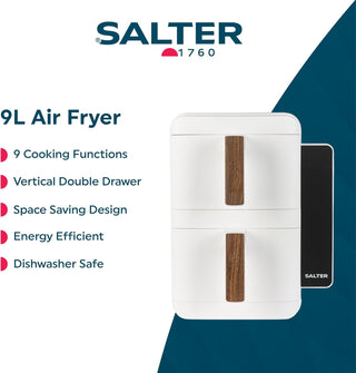 Salter Toronto Verticook Ultra Air Fryer - 9L Vertical Double Drawer, Cook on 4 Levels, 2 x 4.5L Baskets, Dishwasher Safe Accessories, Space Saving, 9 Functions, Sync & Match, PFAS-Free, White