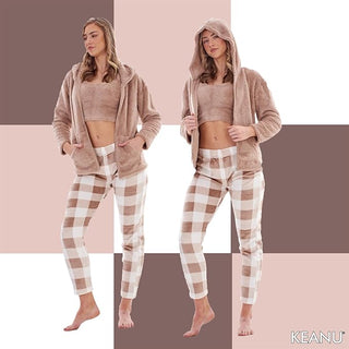Keanu Ladies 3 Piece Fleece Pyjamas - Taupe Check Design
