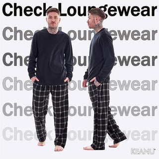 Keanu Mens Microfleece Pyjamas - Black Check Design - Pullover