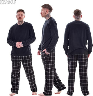 Keanu Mens Microfleece Pyjamas - Black Check Design - Pullover