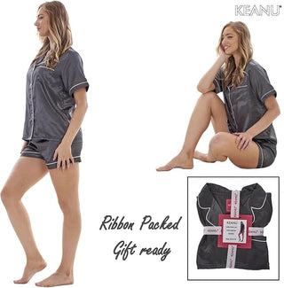 Keanu Ladies Satin Short Pyjamas - Charcoal Design