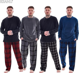 Keanu Mens Microfleece Pyjamas - Charcoal Check Design - Pullover