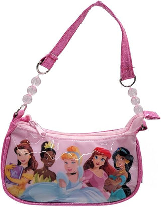 Disney Princess Kids Glitter Pink Handbag with Beaded Strap with Belle, Tiana and Cinderella