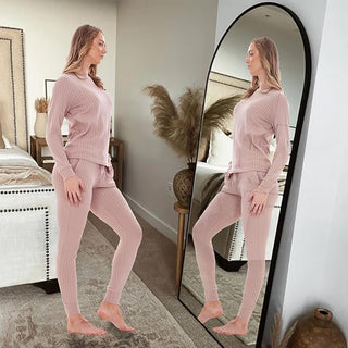 Keanu Ladies Ribbed Pyjamas - Taupe Design