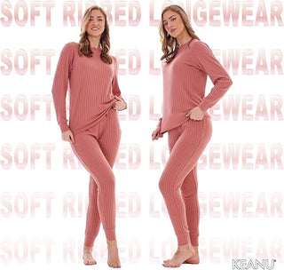 Keanu Ladies Ribbed Pyjamas - Dusky Pink Design