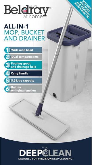 Beldray Deep Clean Flat Mop & Bucket Set Dual Compartment 5.5L Bucket