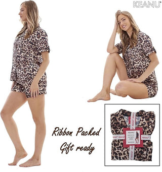Keanu Ladies Satin Short Pyjamas - Leopard Print Design