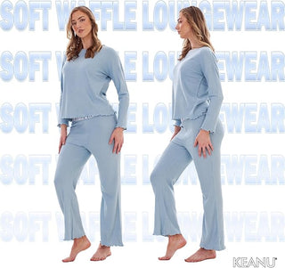 Keanu Ladies Waffle Pyjamas - Baby Blue Design