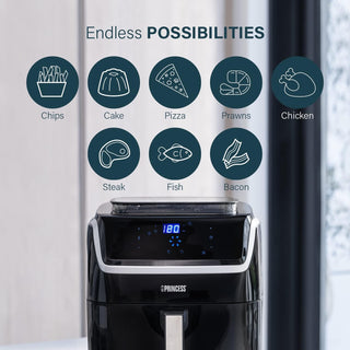 Princess 2-in-1 Steam Oven & Aerofryer - Large volume of 6.5L - 1700 W - Touch screen - 8 pre-programmed programs - Accessories Included, Black