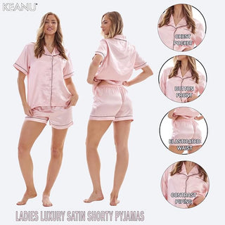 Keanu Ladies Satin Short Pyjamas - Pink Design