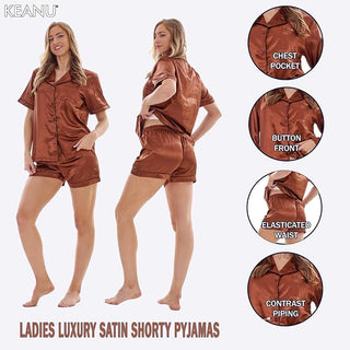 Keanu Ladies Satin Short Pyjamas - Brown Design