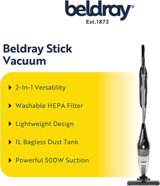 Beldray Stick Vacuum - Bagless Vacuum Cleaner, 2-In-1 Converts To Handheld, 1L Dust Tank, Washable HEPA Filter, Lightweight, Powerful Suction, 500W, Accessories Included, Platinum, BEL0770P-150