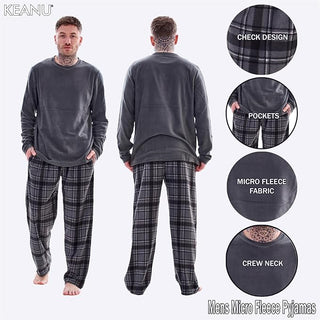 Keanu Mens Microfleece Pyjamas - Charcoal Check Design - Pullover