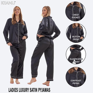 Keanu Ladies Satin Long Pyjamas - Black Design