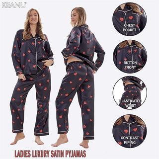 Keanu Ladies Satin Long Pyjamas - Black Hearts Design