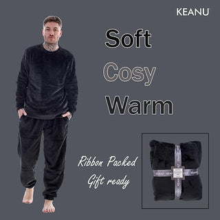 Keanu Mens Fleece Pyjamas - Black Design - Pullover