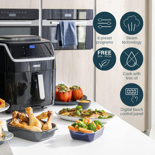 Princess 2-in-1 Steam Oven & Aerofryer - Large volume of 6.5L - 1700 W - Touch screen - 8 pre-programmed programs - Accessories Included, Black