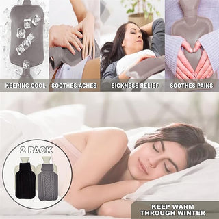 K Collection 2 x Hot Water Bottles With Removable Knit Fleece Cover - 2L Capacity - Black & Charcoal Design