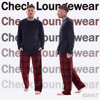 Keanu Mens Microfleece Pyjamas - Burgundy Check Design - Pullover
