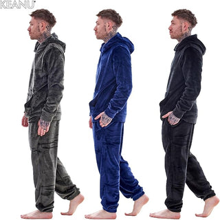Keanu Mens Hooded Fleece Pyjamas - Navy Design - Pullover