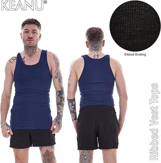 Keanu Mens 6 Pack Ribbed Fitted Vest  - Black, Navy, Grey, Charcoal, and White Designs - Cotton Blend