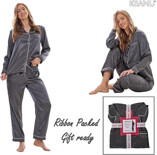 Keanu Ladies Satin Long Pyjamas - Charcoal Design