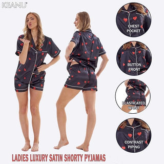 Keanu Ladies Satin Short Pyjamas - Black Hearts Design