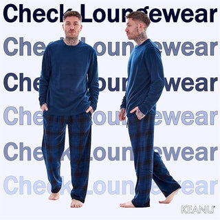 Keanu Mens Microfleece Pyjamas - Navy Check Design - Pullover