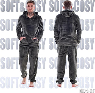 Keanu Mens Hooded Fleece Pyjamas - Grey Design - Pullover
