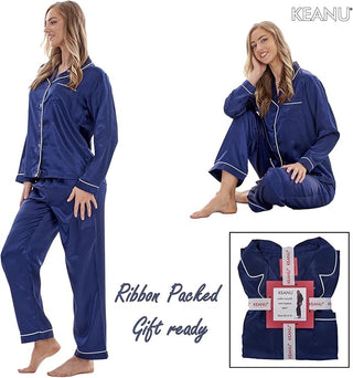 Keanu Ladies Satin Long Pyjamas - Navy Design