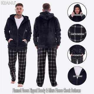 Keanu Mens Microfleece Pyjamas - Black Check Design - Zip Up