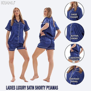 Keanu Ladies Satin Short Pyjamas - Navy Design