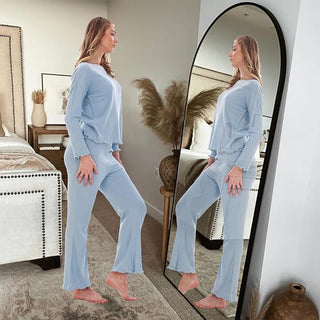 Keanu Ladies Waffle Pyjamas - Baby Blue Design