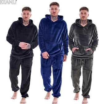 Keanu Mens Hooded Fleece Pyjamas - Navy Design - Pullover