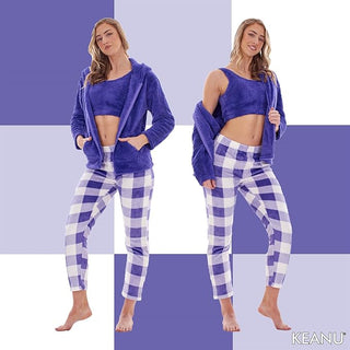 Keanu Ladies 3 Piece Fleece Pyjamas - Violet Check Design