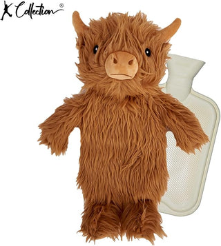 K Collection 3D Novelty Hot Water Bottle With Removable Cover -  750 ML Capacity - Highland Cow Design