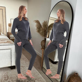 Keanu Ladies Ribbed Pyjamas - Charcoal Design